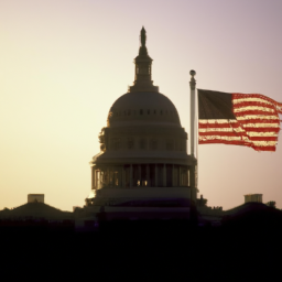 description: an image of the u.s. capitol building at sunset with the american flag waving in the foreground. the image is anonymous and does not include any actual names.