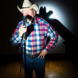 A person stands in front of a microphone, wearing a cowboy hat and plaid shirt, singing into a microphone with a spotlight shining on them.