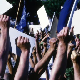 Description: An anonymous image of a political rally or protest, with people waving signs and flags.