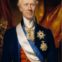 description (anonymous): the image shows a portrait of a distinguished-looking man with powdered hair and a stern expression. he is dressed in a formal attire with a ruffled collar and a jacket adorned with medals. the background consists of an ornate curtain and a hint of a grand room, suggesting a sense of importance and authority.