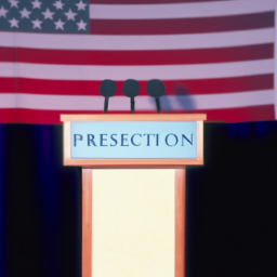 description: an anonymous image of a podium with the american flag in the background, signifying a presidential address.