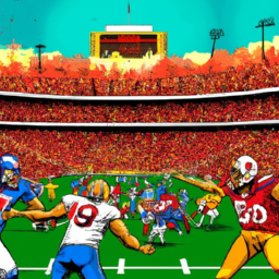 description: the image shows two football teams in action on a field, with players wearing jerseys representing the 49ers and chiefs. the stadium is filled with excited fans, creating an electrifying atmosphere.