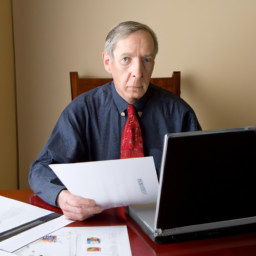 description: an elderly man with a serious expression, sitting at a desk in a formal setting, surrounded by documents and a laptop.