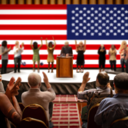 description: an anonymous image depicting a political gathering with a diverse audience and a podium in the center. people are applauding, and the american flag is prominently displayed in the background.