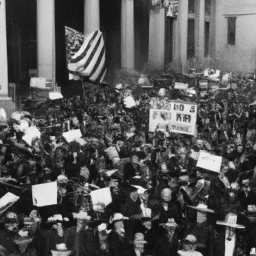 description: a black and white photograph of a large crowd gathered outside a building, with a banner hanging from the front that reads "vote for wilson and marshall." the people in the crowd are dressed in early 20th-century clothing and many are holding signs or banners. the image captures the energy and excitement of a political rally.