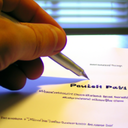 Description: A hand holding a pen hovering over a document. The document has a title and appears to be a bill or proposal. The background is blurred and neutral.