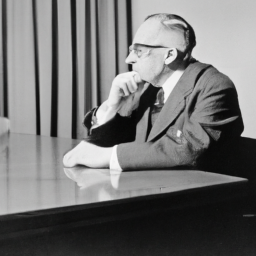 description: a black and white photo of an elderly man sitting at a desk, wearing glasses and a suit. he appears deep in thought, with his hand on his chin. the photo is anonymous and does not feature any recognizable figures.