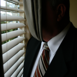 Description: A portrait of a person with their face obscured, wearing a suit and tie, looking out a window with a pensive expression.