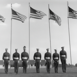 Description: A black and white photo of a row of generals in uniform standing in formation in front of an American flag.