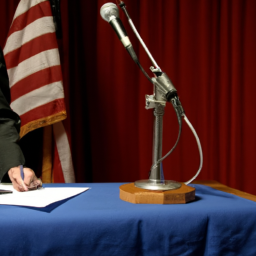 An American flag hangs in the background as a person signs a document in front of a podium.