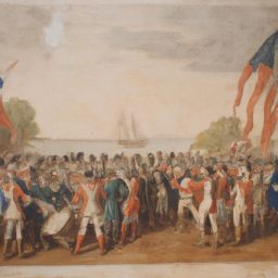 description: a painting showcasing a significant event during the american revolution, where the british surrender to the american forces at yorktown. the image depicts a group of american soldiers, led by general george washington, receiving the surrender of british troops, symbolizing the crucial role of france in supporting the colonists.