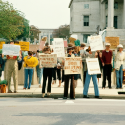 description: a group of people holding signs and protesting outside a government building.