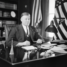 description: a black and white photograph of a man sitting at a desk, wearing a suit and tie, with an american flag behind him.