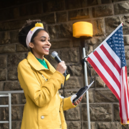 a young woman of color, wearing a bright yellow coat and a headband, stands at a podium, holding a microphone, and reciting a poem. behind her, a large american flag hangs on the wall. she appears confident and poised, with a slight smile on her face.