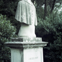 description: an anonymous statue of a historical figure with an inscription at the base of the statue, surrounded by a garden. the inscription is in a language that is not immediately recognizable, but appears to be carved in stone. the statue is facing towards the viewer, with a contemplative expression on its face.