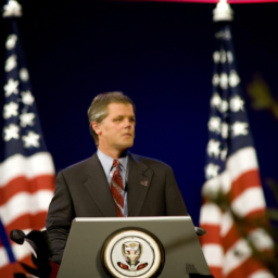description: President George W. Bush delivering a speech in 2005, with the American flag in the background.
