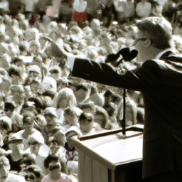 description: a man in a suit and tie, standing at a podium and speaking to a large crowd of people. the man is not named, but appears to be jeb bush. the crowd is made up of both men and women, and includes people of all ages and races. the image is taken from a side angle, with the podium in the foreground and the crowd in the background.