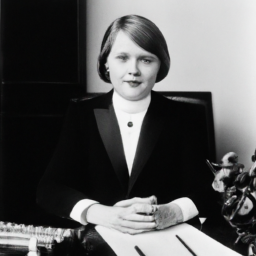 Description: A black and white portrait of Mary T. Barra, sitting at a desk. She is wearing a black suit and a white blouse, and is looking directly at the camera.