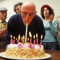 description: an anonymous image shows a senior man blowing candles on a birthday cake surrounded by family members.
