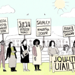 description: an image depicting a diverse group of individuals engaged in a peaceful protest, holding signs advocating for social justice and equality, without revealing any specific identities.