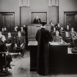 description: an anonymous image showcasing a courtroom scene with a judge presiding over the trial, while lawyers present their arguments.