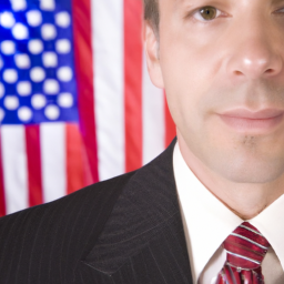 A close-up of a man wearing a suit and tie, with a large American flag in the background.