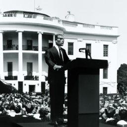 description: an image of a man in a suit standing behind a podium, addressing a crowd gathered in front of the white house.