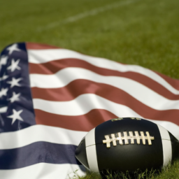 description: An American flag waving in the wind with a football lying on the ground in front of it.
