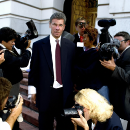 a man in a suit standing outside a courthouse with a group of reporters and photographers gathered around him.