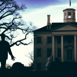 description: a silhouette of a man standing in front of a historic building, symbolizing george washington's legacy and the mystery surrounding his death.