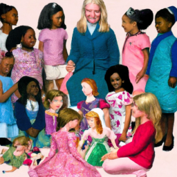 description: an image shows a group of diverse children playing with barbie dolls, including the president barbie. they are engaged in a lively conversation, suggesting empowerment and inclusivity.