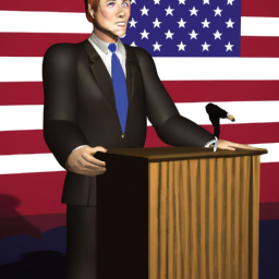 description: a potential presidential candidate standing behind a podium with an american flag in the background.