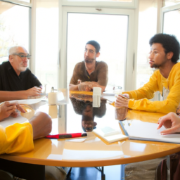 A group of people of varying ages, genders and ethnicities gathered around a table discussing politics.