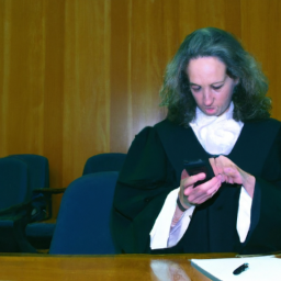 the image shows a district judge in a courtroom, looking down at her cellphone while sitting on the bench.