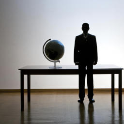 A silhouette of a person in a suit, standing in front of a boardroom table with a globe on it.