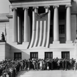 A crowd of people gathered around a ribbon-covered podium in front of a historic building, with flags waving in the background.