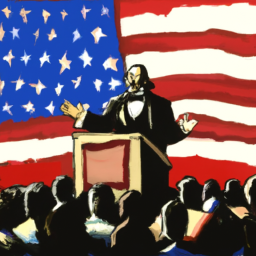 description: an anonymous image depicting a historic figure delivering a passionate speech to a large crowd in front of the american flag.
