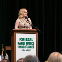 description (without names): an image shows melissa joan hart speaking at a podium during a public event. she is dressed in a professional attire, and behind her, there are banners with slogans related to gun control and public safety. the audience appears engaged and attentive, listening to her impassioned speech.