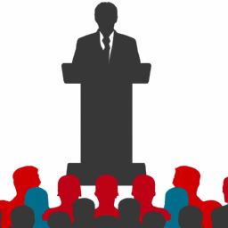 description: a silhouette of a person standing at a podium, giving a speech to a large crowd. the person is not visible, but the podium is decorated with the presidential seal. the crowd is made up of people of all ages and races, and they are listening intently to the speaker.