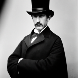description (anonymous): a black and white image depicting a distinguished-looking man with a stern expression. he wears a high-collared coat and a top hat, exuding an air of authority and gravitas.