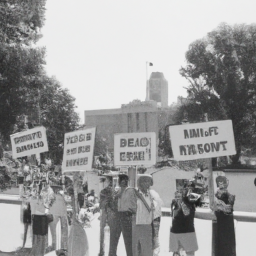 description: a black and white photograph showing a group of people holding signs advocating for gun rights during a peaceful demonstration in front of a government building.category: gun laws