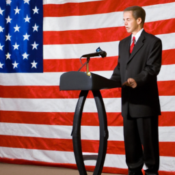 A man in a suit giving a speech in front of an American flag.
