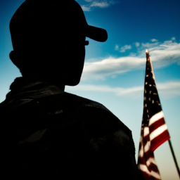 description: an anonymous image of an american flag with a silhouette of a soldier in the foreground, looking out towards the horizon.
