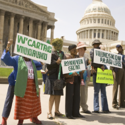 description: a group of protestors holding signs advocating for voting rights standing outside a government building.category: congress