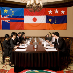A group of men and women in suits gathered around a large table in a room with the flags of various countries hanging from the walls.