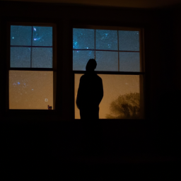 description: a silhouette of a person standing alone in a dimly lit room, looking out a window at the night sky.