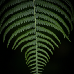the image shows a close-up of a green fern leaf, with its intricate structure and pattern of leaflets clearly visible. the leaf is positioned against a dark background, which makes it stand out.