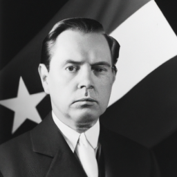 description: a black and white photograph of a distinguished man in a suit, with a serious expression on his face, standing in front of the texas flag.