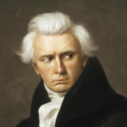 A portrait of a man with a stern expression and powdered wig, dressed in a black coat and white shirt.