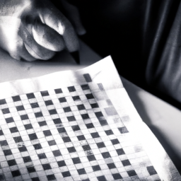 description: an anonymous image showcasing a person sitting at a table, engrossed in solving a crossword puzzle. the image captures the intensity and focus of the individual as they skillfully fill in the crossword grid.